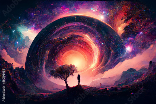 Conceptual illustration a spring time journey into the cosmos. An immersive experience promoting wellness and mindfulness with idyllic spring theme. photo