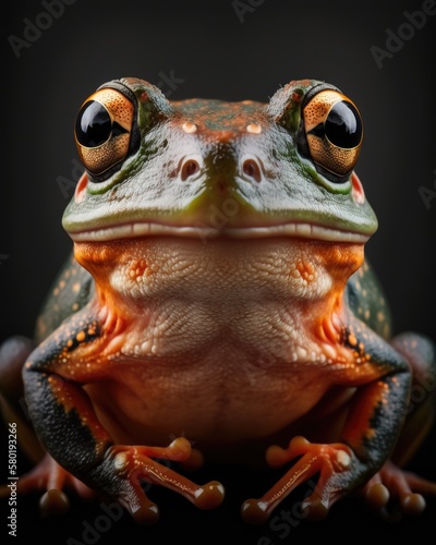 Close-up of a green frog looking directly at the camera created with Generative AI technology.