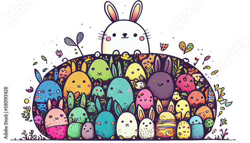 Easter Day Concept. Watercolor easter bunny in the eggs, elements illustrations, cartoon holiday painted transparent background, Generative AI