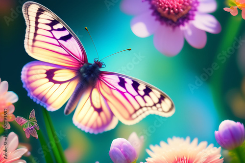 Beautiful Colourful Flowers with Butterflies & Birds Background in Pastel Pink & Blue Theme © Sketchepedia
