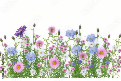 Delicate floral horizontal pattern meadow flowers isolated on white