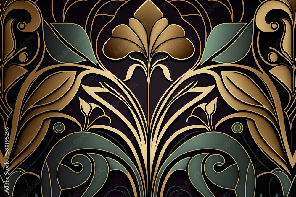 Seamless floral pattern in art nouveau style in shades of blue, gold and black. Generative AI. Seamless floral pattern in art nouveau style in shades of blue, gold and black. Generative AI.