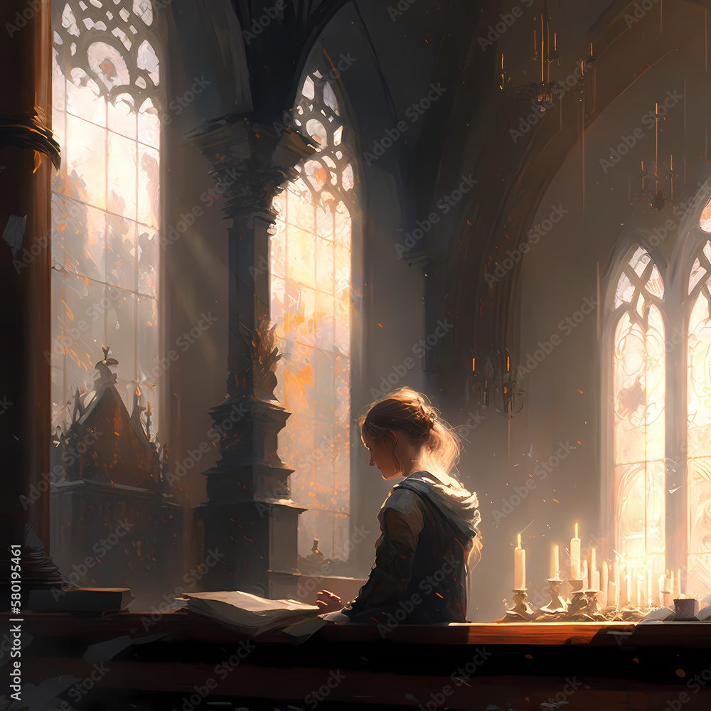 Illustration Prayer at Church . Generative AI Illustration Prayer at Church . Generative AI