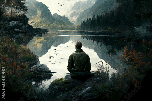 Man sitting alone on rock looking out over peaceful lake in the mountains