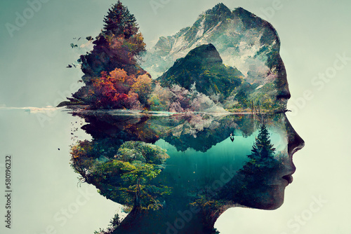 Canvas Print Double exposure of nature landscape and person
