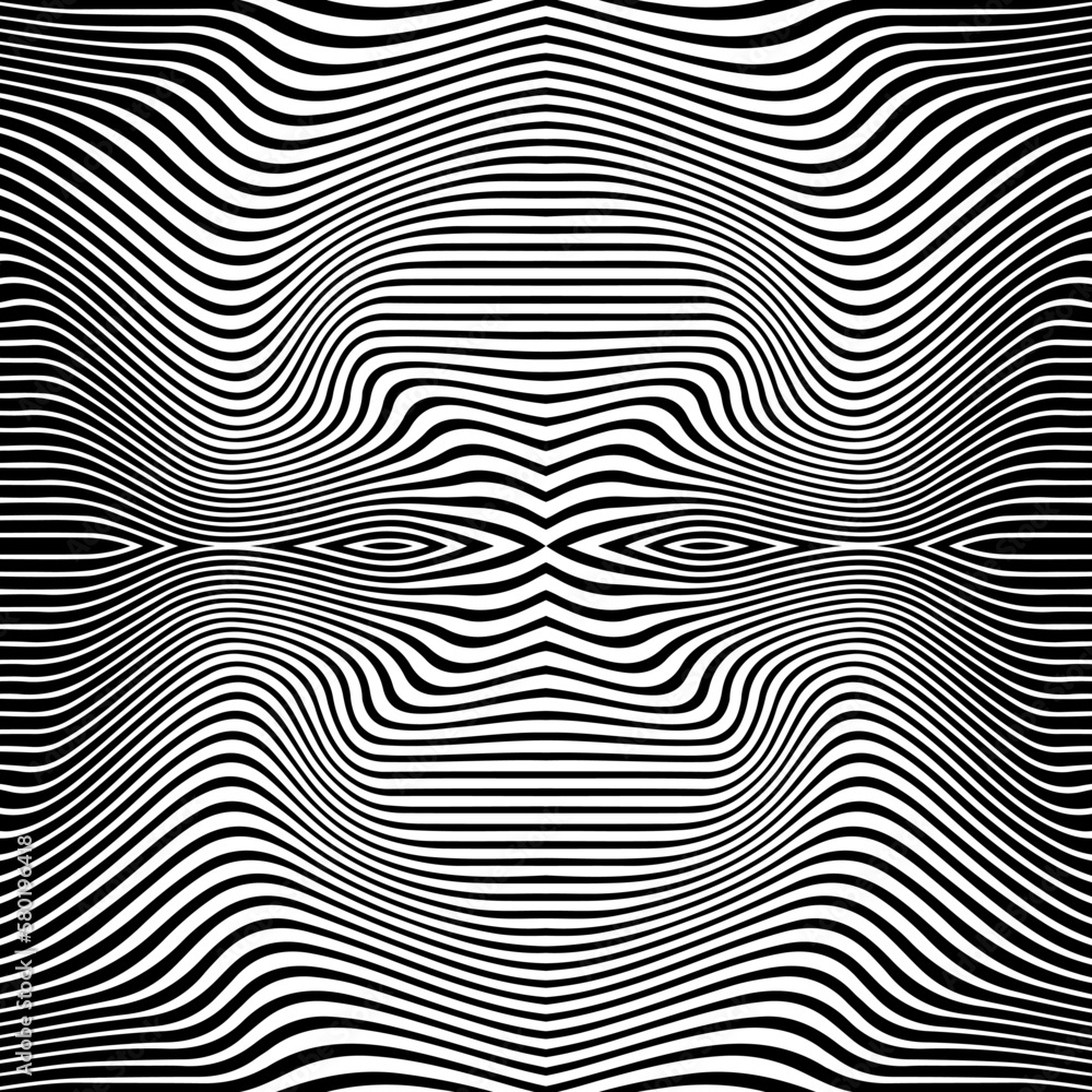 Abstract wavy psychedelic stripes. Optical illusion. Vector. Line art pattern. Trendy design element for posters, social media, logo, frames, broshure, promotion, flyer, covers, banners