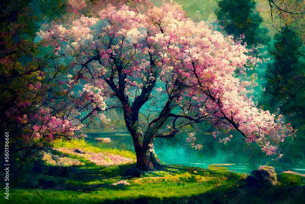 Tranquil scene depicting new life in spring with lush blossoms in relaxed natural setting.
