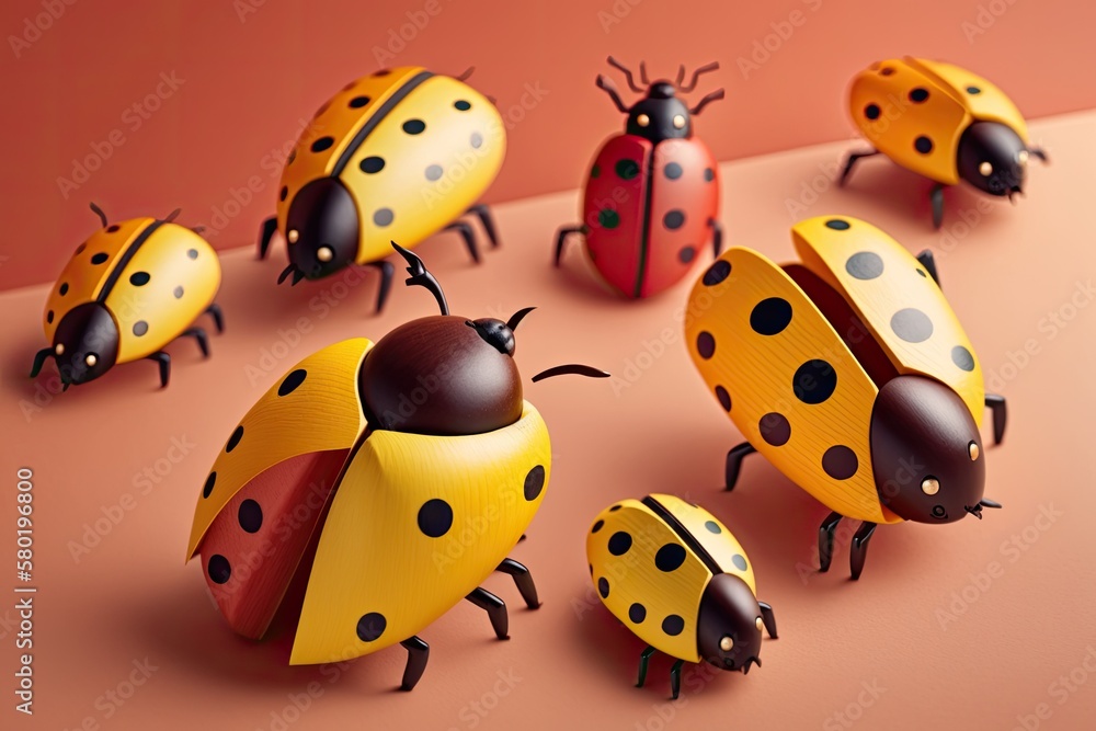 Fototapeta premium Ladybug shaped colored wooden figurines on a yellow backdrop. Generative AI