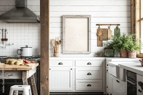 Fényképezés Farmhouse style blank mock up poster frame in the kitchen's decor, generative AI