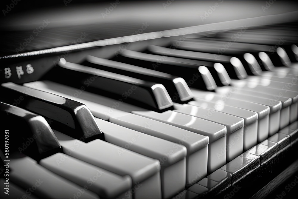 Piano keyboard, close up. It's a set of keys with both black and white keys. a picture with a selective focus. Generative AI