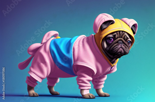 Cute pug puppy in costume. Little dog in clothes. Generative AI.