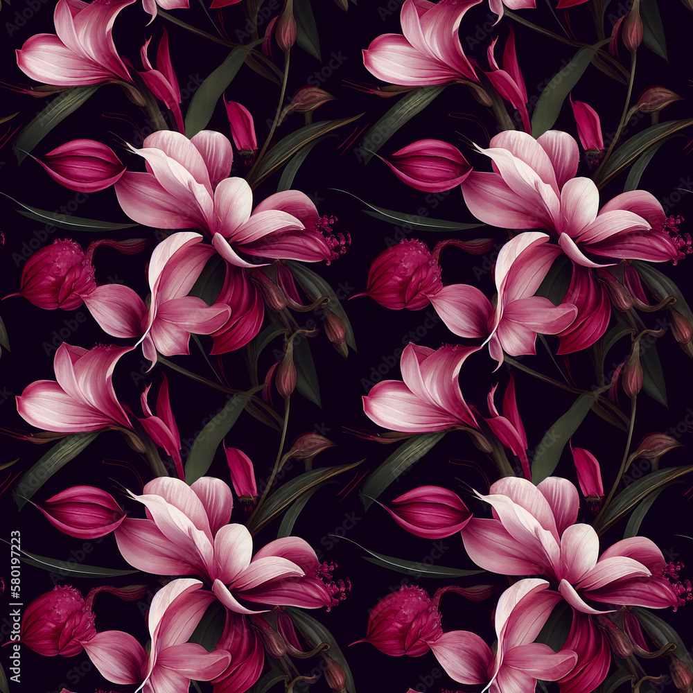 Seamless pattern with pink flowers. Generated AI, edited in Photoshop Seamless pattern with pink flowers. Generated AI, edited in Photoshop