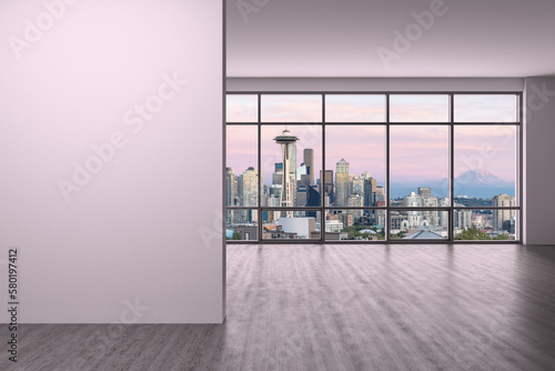 Downtown Seattle City Skyline Buildings from High Rise Window. Beautiful Expensive Real Estate overlooking. Empty room Interior. Mockup wall. Skyscrapers Cityscape. Sunset. USA. 3d rendering