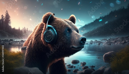 Animal with headphones , bear ,music , generative AI 