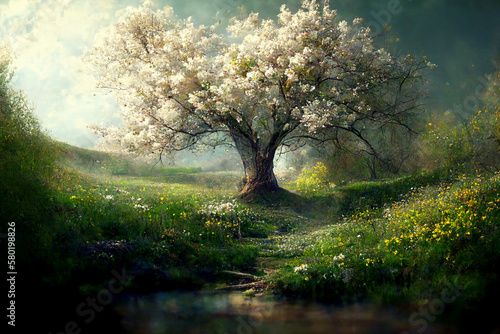 Tranquil scene depticting new life in spring with lush blossoms on tree in relaxed natural setting.