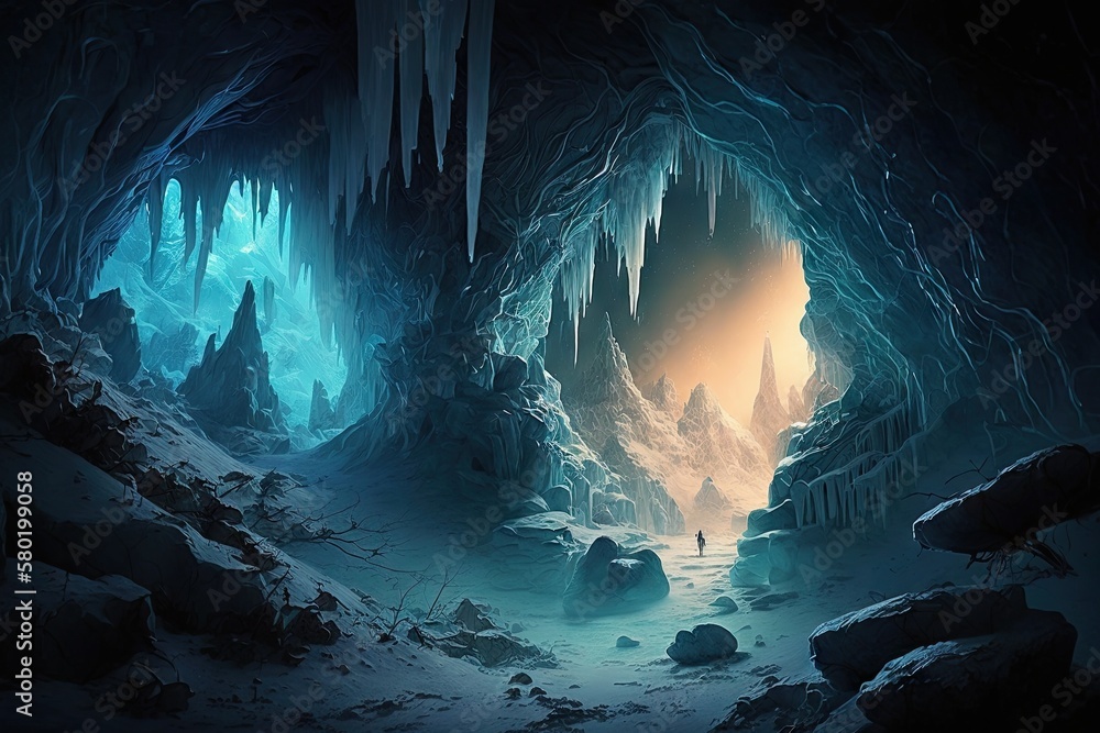 an illuminated cavern with ice stalagmites and stalactites illuminating ...