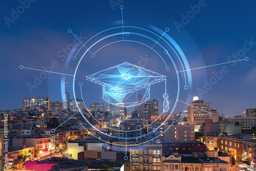 Roof top panoramic city view of San Francisco at night time, midtown skyline, California, United States. Technologies, education concept. Academic research, top ranking university, hologram