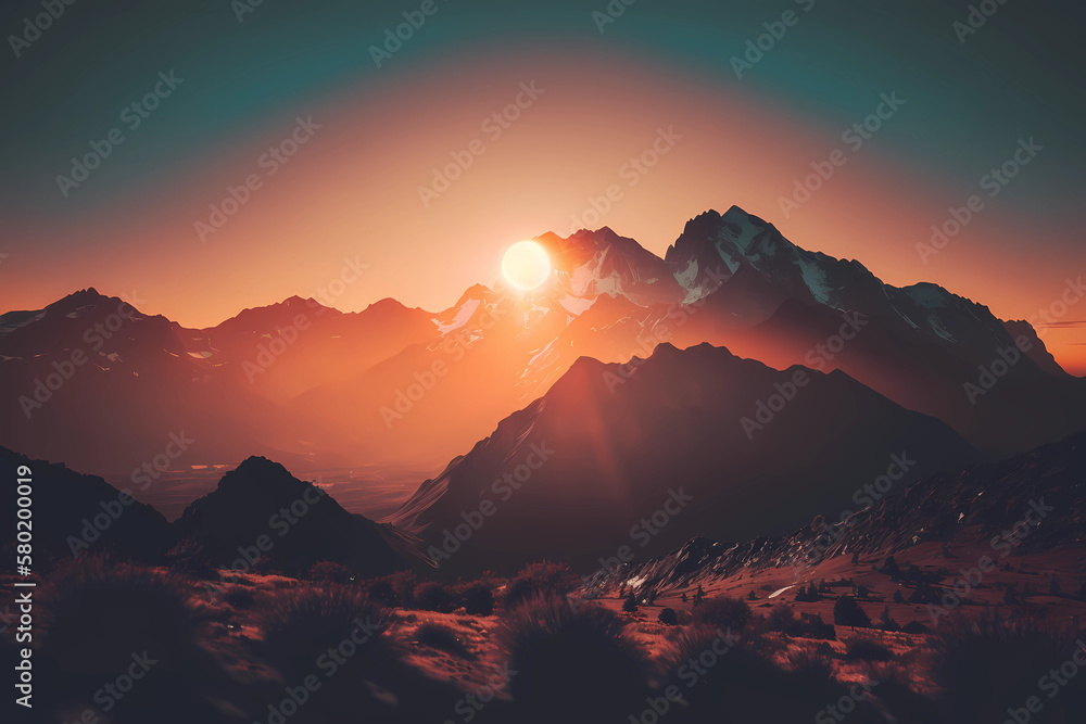 Sunrise over the Snow Peaked Mountains (Generative AI)