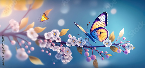 Beautiful butterfly in flight and branch of flowering apricot tree on light blue and violet background macro. Elegant artistic image nature. Banner format, copy space. by ai generative © YuDwi Studio