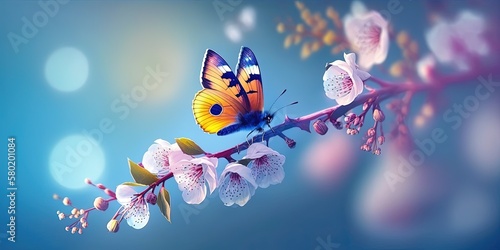 Beautiful butterfly in flight and branch of flowering apricot tree on light blue and violet background macro. Elegant artistic image nature. Banner format  copy space. by ai generative