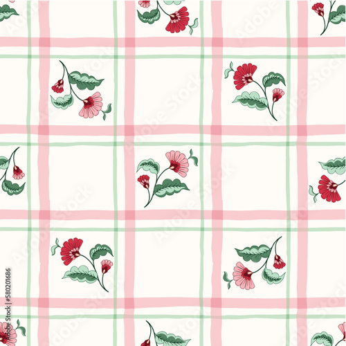 Indian Trailing Flowers and Plaid Vector Seamless Pattern. Cottagecore Chintz Floral on White Background. Delicate Summer Boho Print