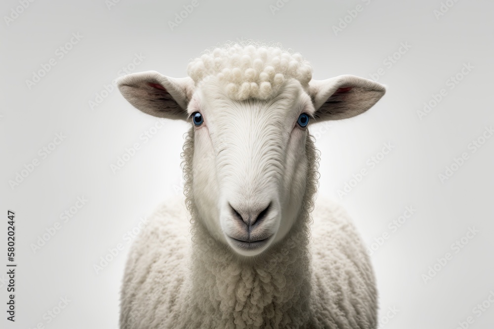 Fototapeta premium A white sheep's face only, chewing, looking at the camera, alone, on a white background, with plenty of copy space, and a clean edit. Generative AI