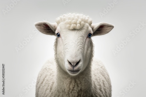 A white sheep's face only, chewing, looking at the camera, alone, on a white background, with plenty of copy space, and a clean edit. Generative AI