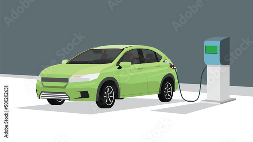 Electric car green color charging at the station.  View of cars from the front. Energy refueling point on the rear side. Energy refills are also available at the service point.