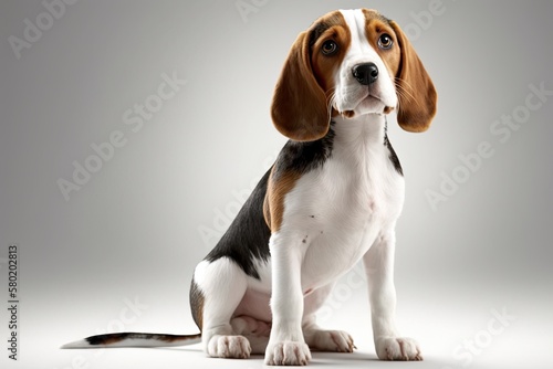 The dog is a Beagle, and the background is white. Generative AI
