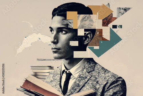 Knowledge and science man with books artistic graphic collage - Generative AI illustration photo
