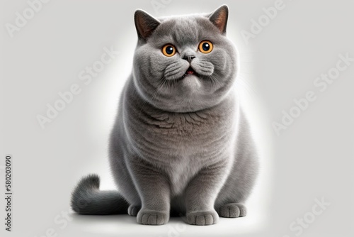 On a white background, a British shorthair cat that is purebred smiles like a Cheshire. A gray, shy cat is taking a break on isolation. Advertisement cat food. Generative AI