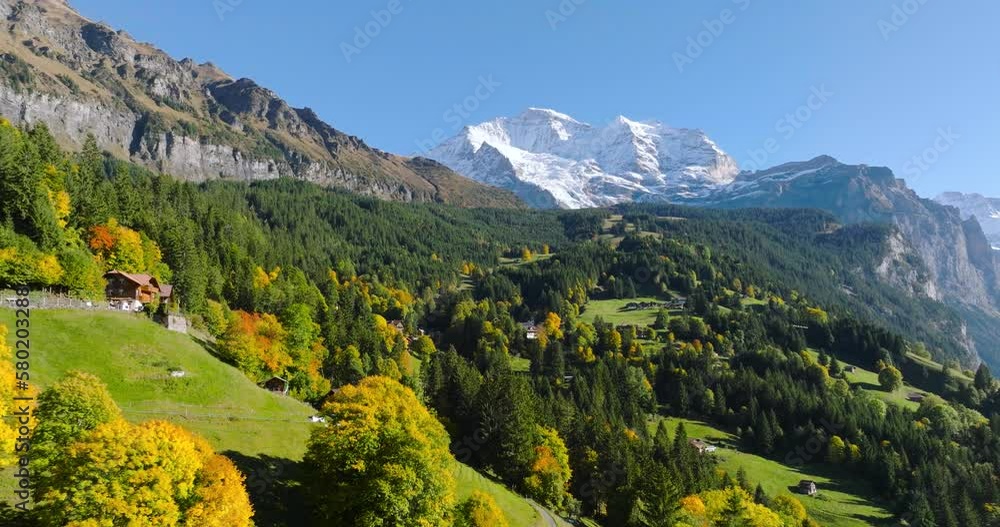 Aerial view of the beautiful Swiss nature in Lauterbrunnen valley in Switzerland
