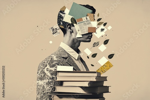 Knowledge and science man with books artistic graphic collage - Generative AI illustration photo