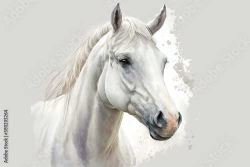Watercolor illustration of a cute white horse. Farm animals, pets, wildlife. Generative AI