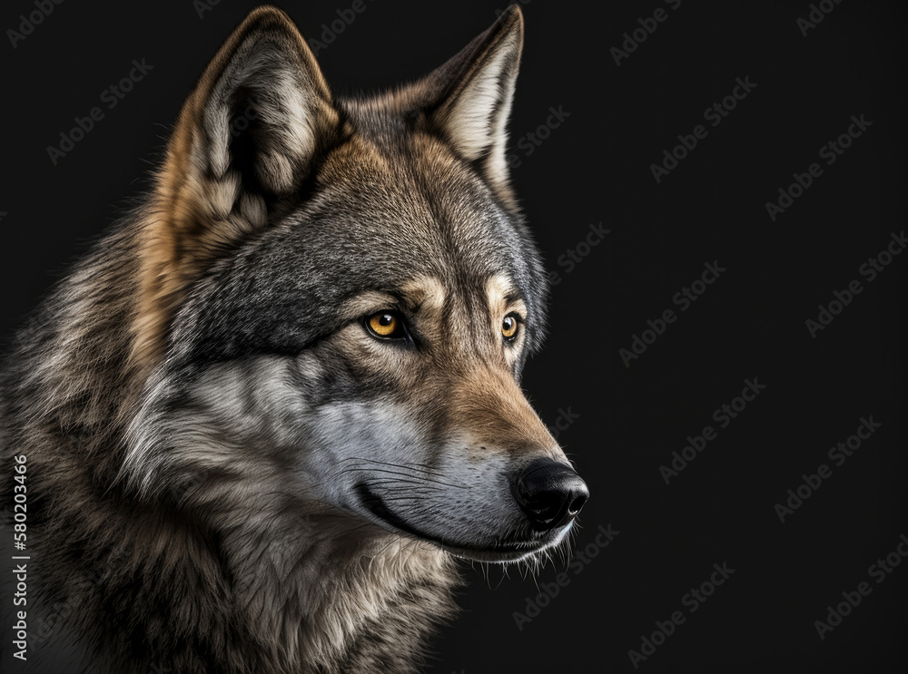 portrait of a gray wolf isolated on black background. Generative AI portrait of a gray wolf isolated on black background. Generative AI