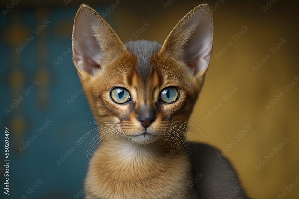 A picture of an abyssinian cat at home. Blue kitten that is three months old and has big yellow eyes. Pets care. It's World Cat Day. Vertical image. Selective attention. Generative AI
