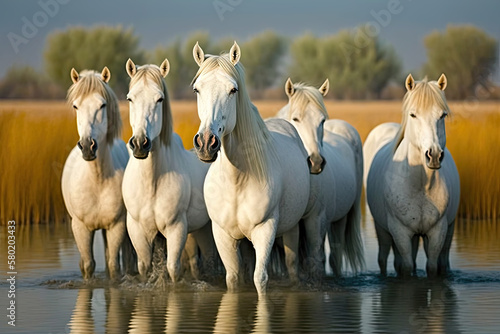 beautiful white horses stand in the water. Generative AI