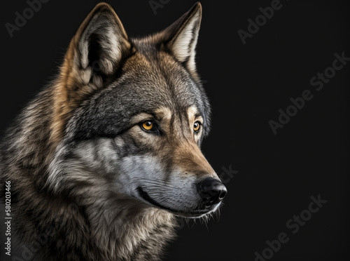 portrait of a gray wolf isolated on black background. Generative AI