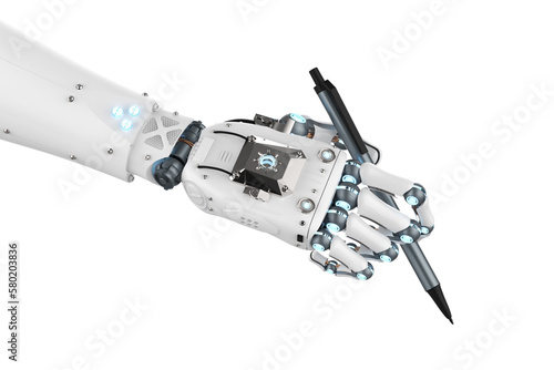 Foto Ai art generator with robot writing assistant or essay generator hand hold pen
