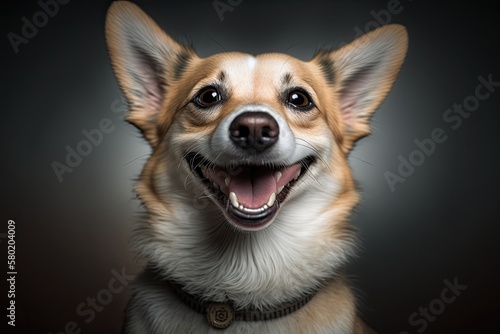 The dog is smiling at the camera and showing its teeth. Generative AI