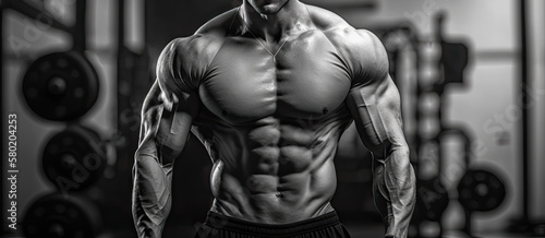 muscular male torso in gym. Generative AI