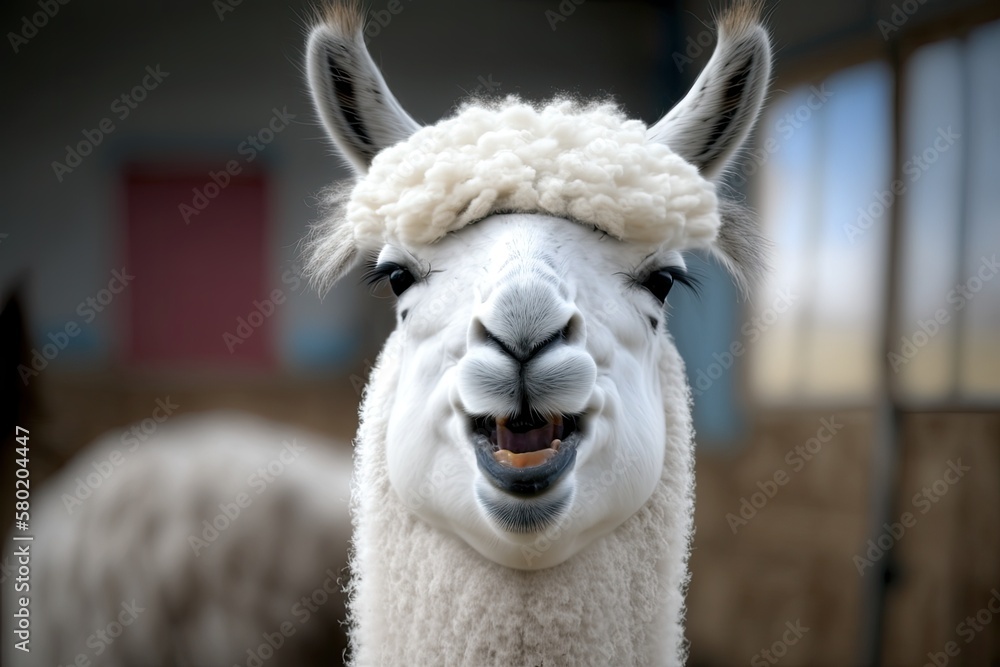 a funny alpaca smile and teeth; a close up of a white llama. Generative AI