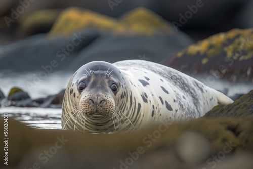 On the coast of Scotland, a grey seal with sparse eyes watches everything. Generative AI