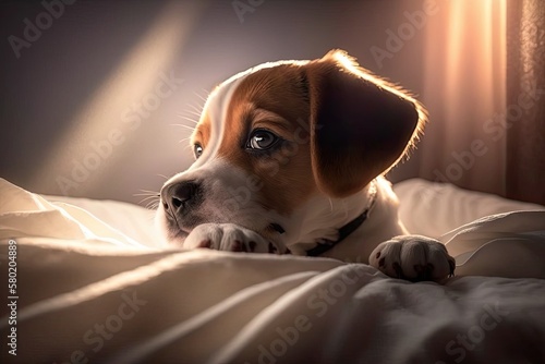 A cute puppy was lying on the bed. Close up studio photo taken inside. Daybreak. The idea of caring for, educating, training, and raising pets. Generative AI photo