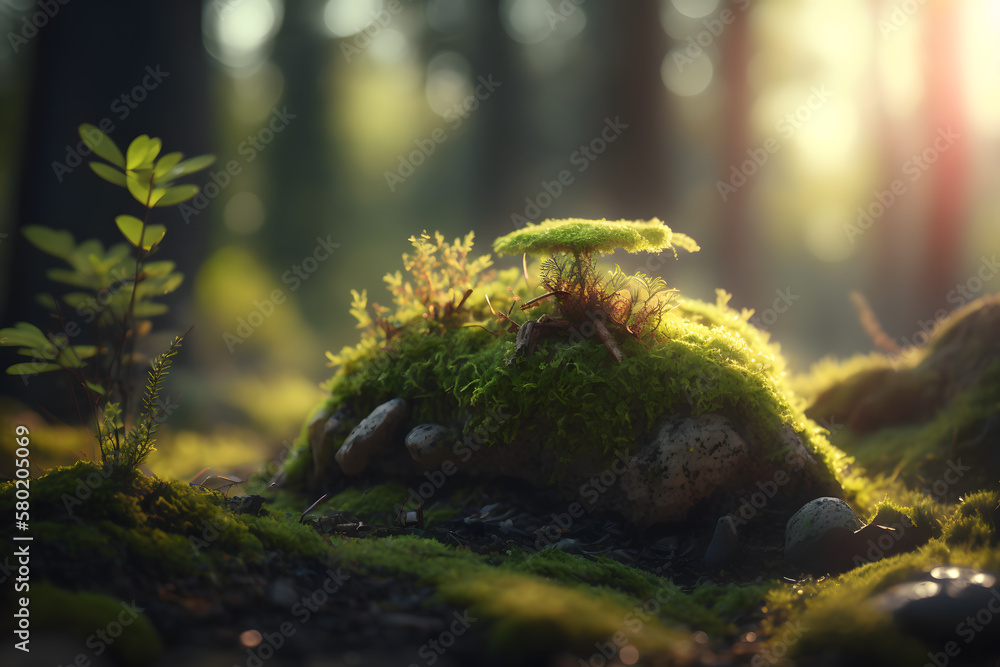Forest and sunbeams passing through the trees. An atmospheric beautiful picture in the middle of the forest. Close-up of the forest path, Generative AI - obrazy, fototapety, plakaty 