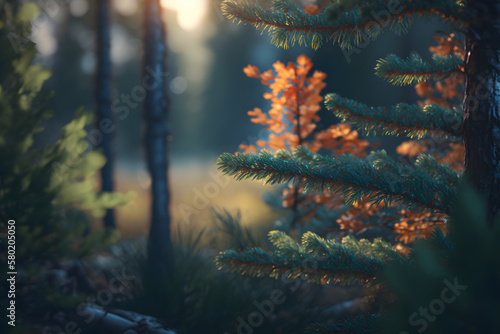 Forest and sunbeams passing through the trees. An atmospheric beautiful picture in the middle of the forest. Close-up of the forest path Generative AI