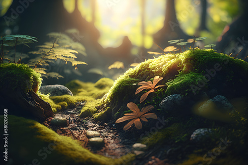 Forest and sunbeams passing through the trees. An atmospheric beautiful picture in the middle of the forest. Close-up of the forest path, Generative AI
