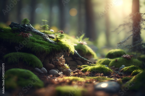 Forest and sunbeams passing through the trees. An atmospheric beautiful picture in the middle of the forest. Close-up of the forest path, Generative AI