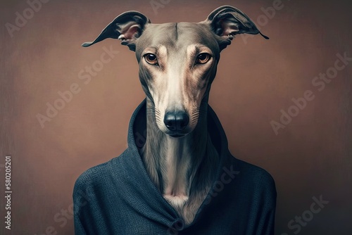 dog portrait that looks like a person. Greyhound s head on a woman s body. Generative AI