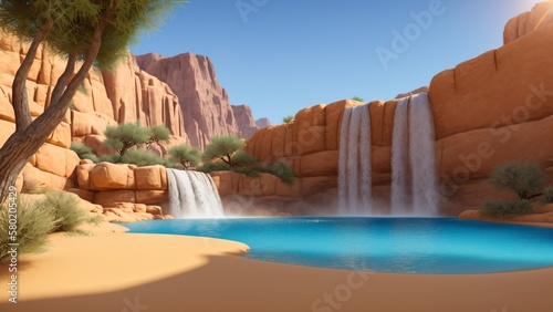 Beautiful Desert Paradise Oasis Light Blue Waterfalls and Lake AI Generative